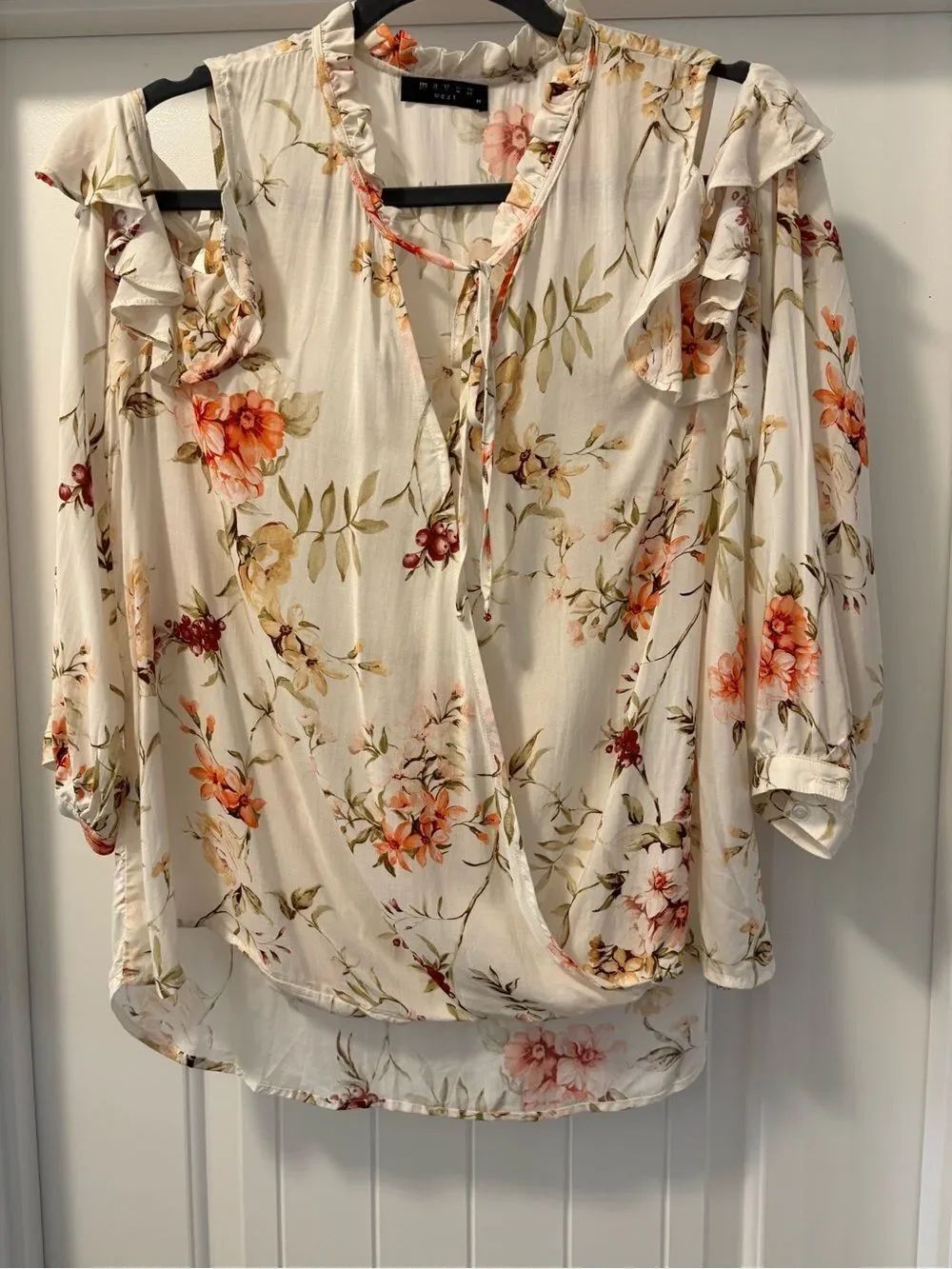 Maven West Floral Ruffle Cold-Shoulder Blouse - Cream/Orange - Size Medium